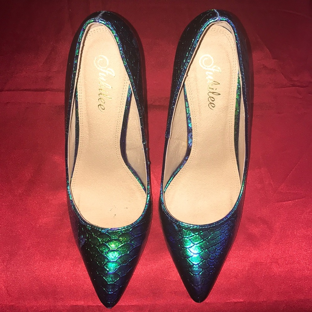 Green Hologram Snake Print Heels